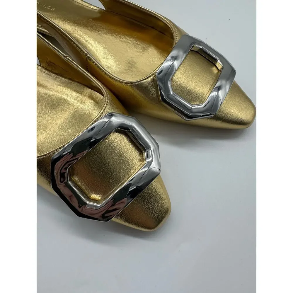 Ann Taylor Gold Leather Square Toe Slingback Shoes Women’s Size 6